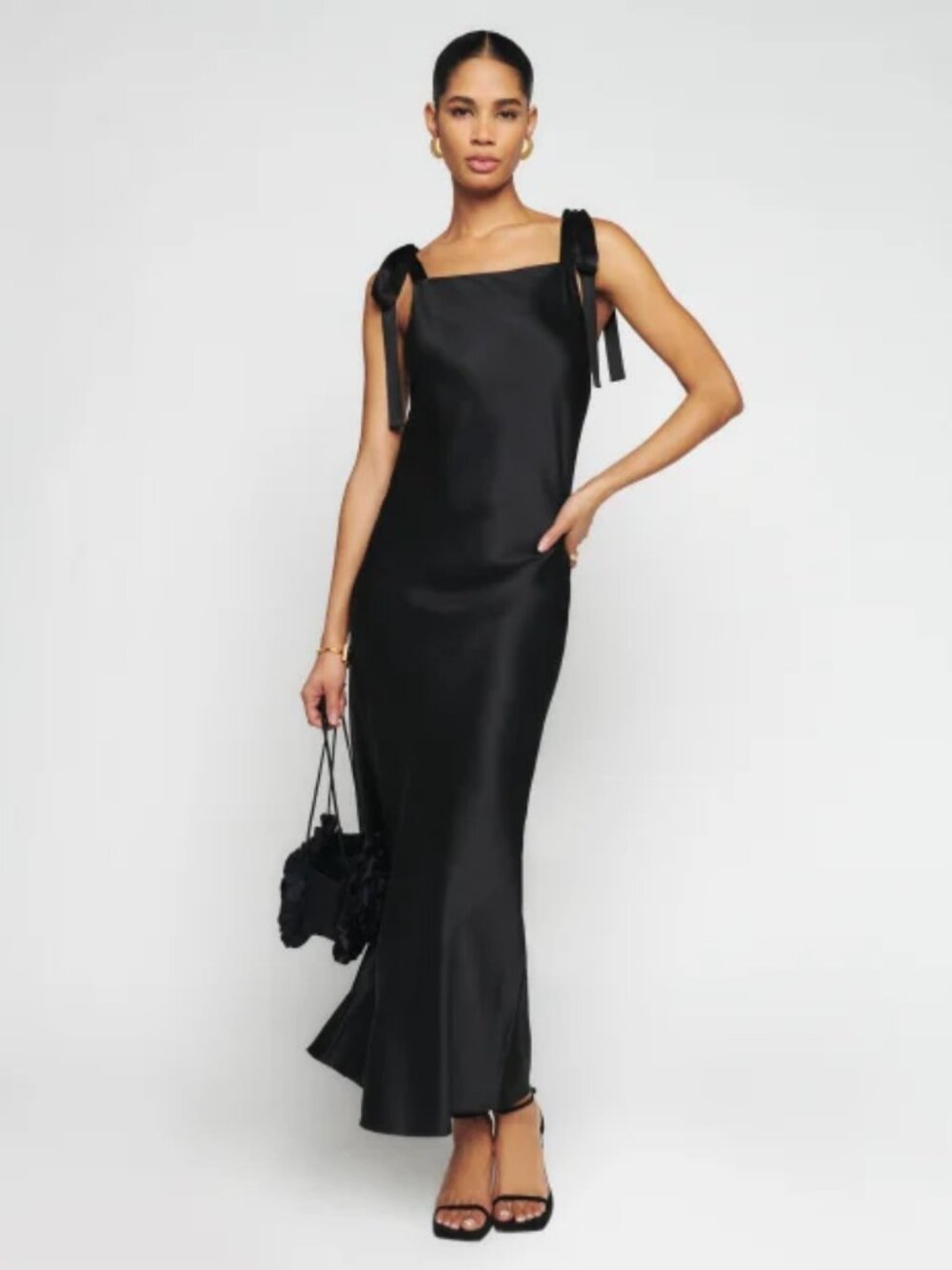 NWOT Reformation Aden Silk Dress in Black Midi Tie Straps Size XS
